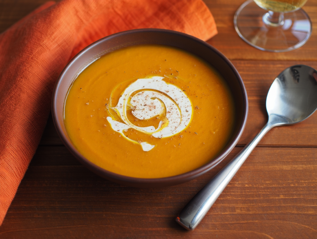Crema de calabaza con queso crema y nuez moscada