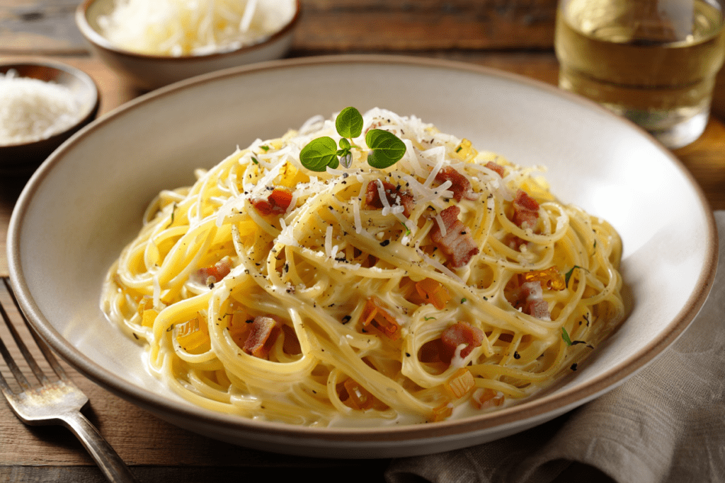 Espaguetis a la carbonara con nata