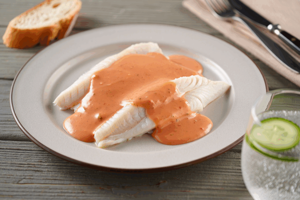 Merluza al vapor con salsa de pimientos del piquillo