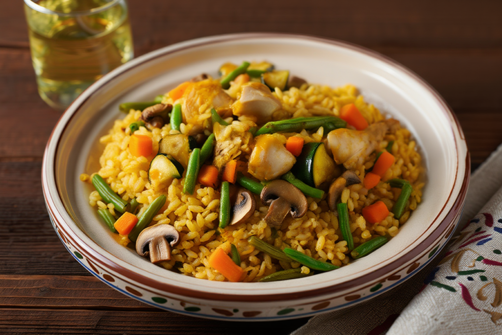 Pilaf de trigo tierno con pollo al estilo marroquí