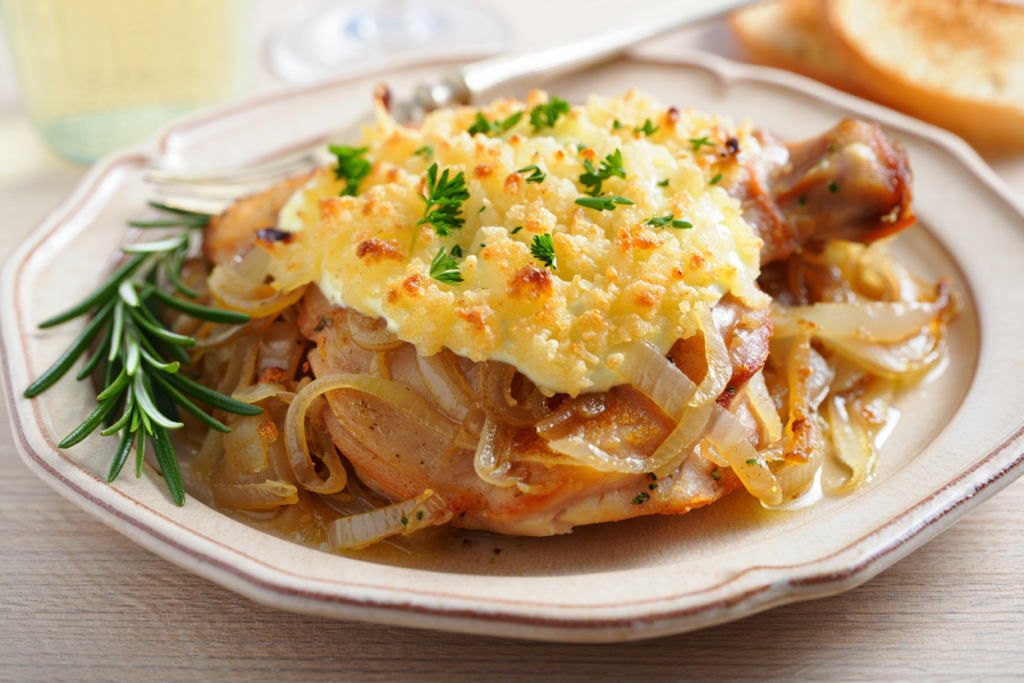 Contramuslo gratinado con cebolla y alioli