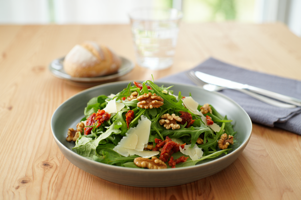Ensalada verde con rúcola, tomate seco y nueces