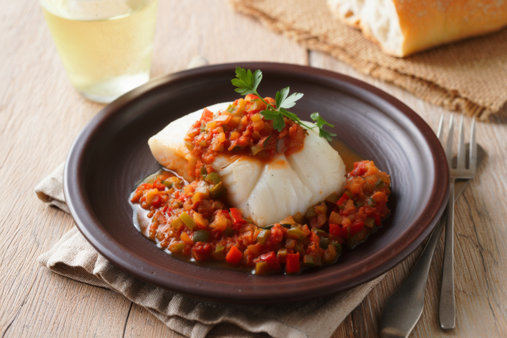 Bacalao al vapor con pisto manchego