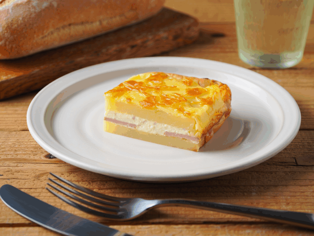 Pincho de tortilla con cebolla caramelizada rellena de lacón y queso ahumado
