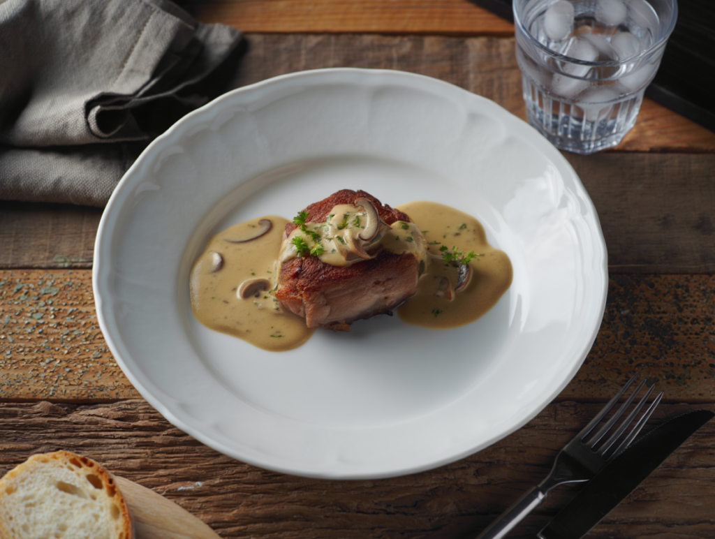 Secreto asado con salsa cremosa de champiñones