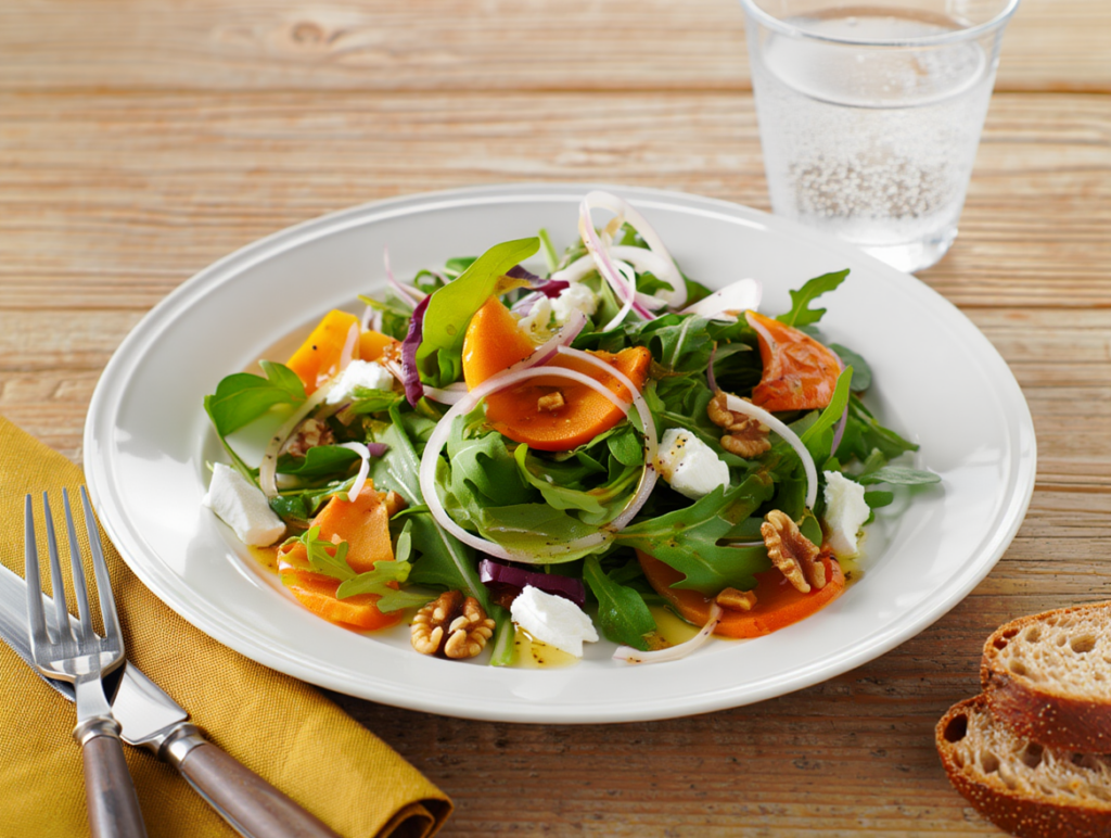 Ensalada verde con queso de cabra, pimientos asado y nueces