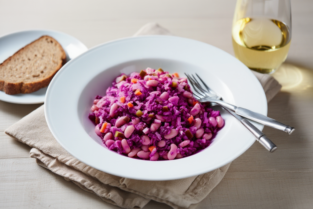 Ensalada de alubias blancas con chucrut y remolacha