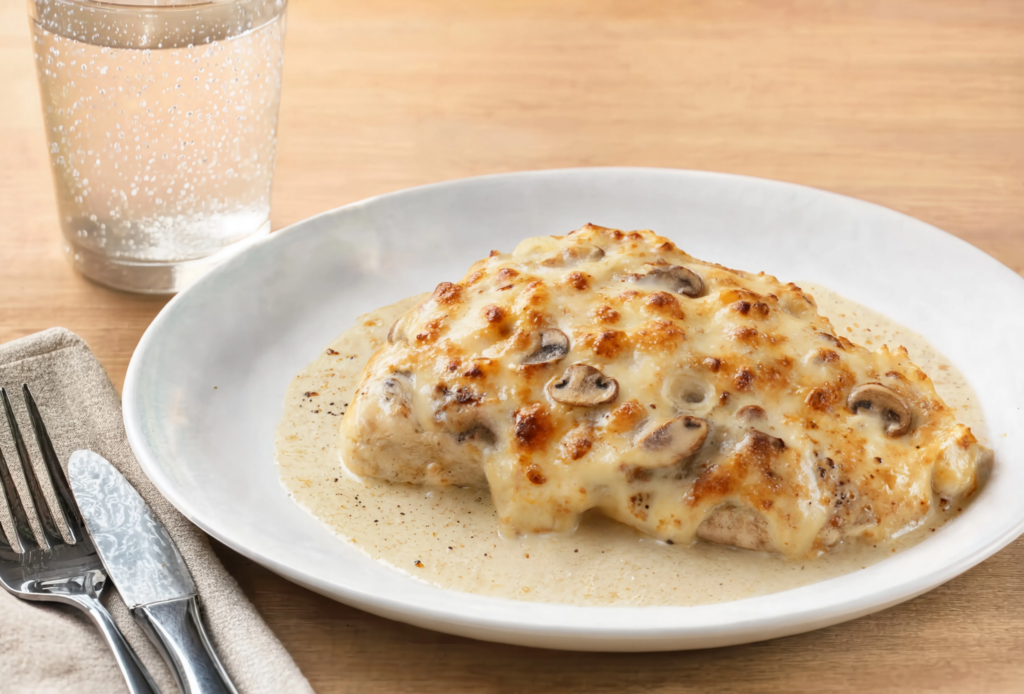 Contramuslo de pollo gratinado con champiñones