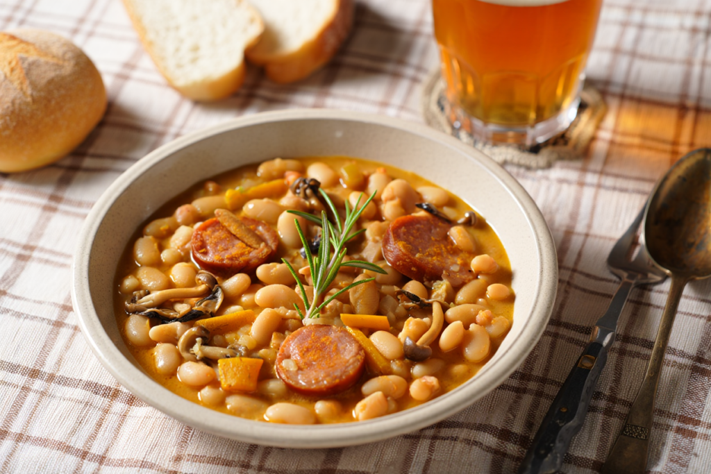 Guiso de alubias blancas con butifarra y setas