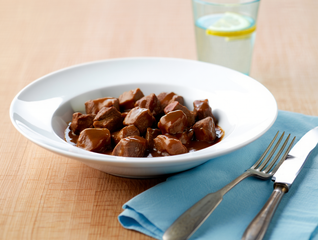 Lengua de vaca estofada con salsa verduras