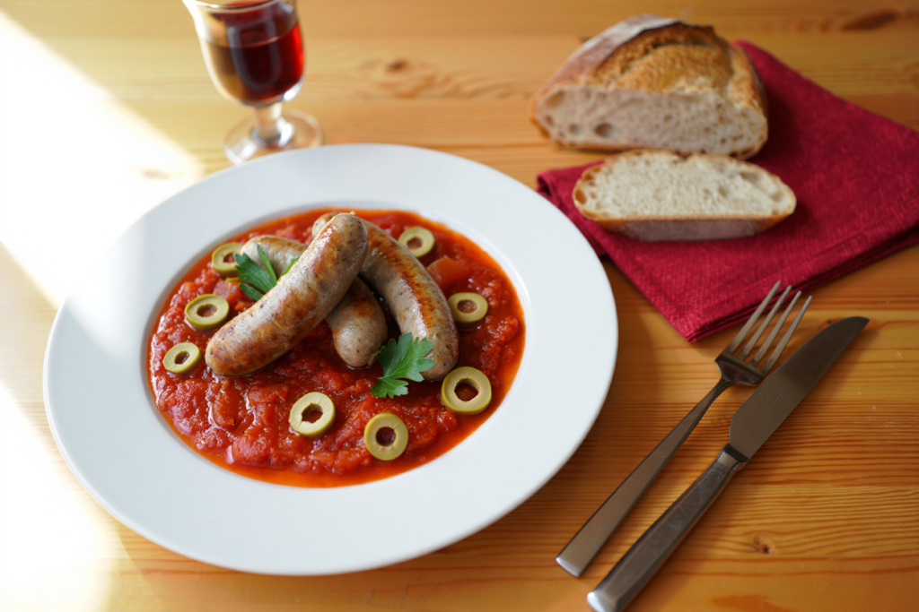 Longanizas de pueblo con salsa de tomate y aceitunas