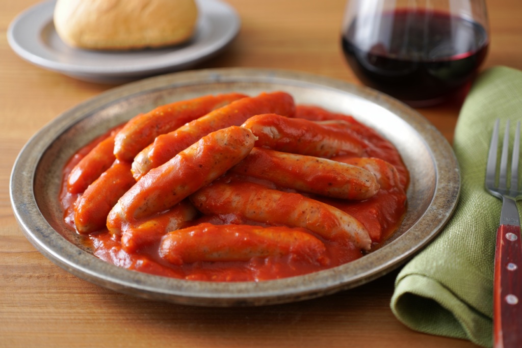 Longanizas frescas de pollo con salsa de tomate y albahaca