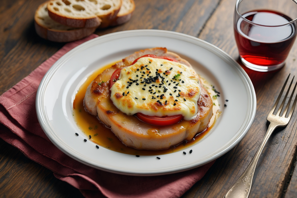 Lomo gratinado con tomate y queso de cabra