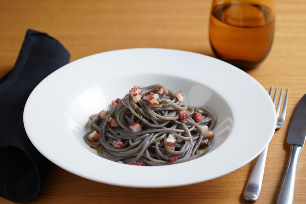 Espaguetis con pulpo y ajo negro