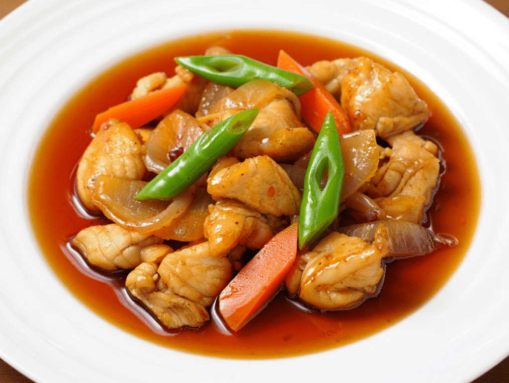 Ragú de pollo con salteado de verduras y salsa de soja