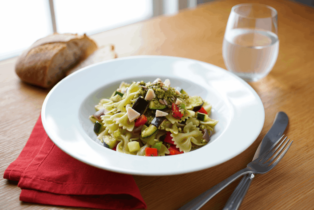 Ensalada de pasta mediterránea con pesto y queso fresco