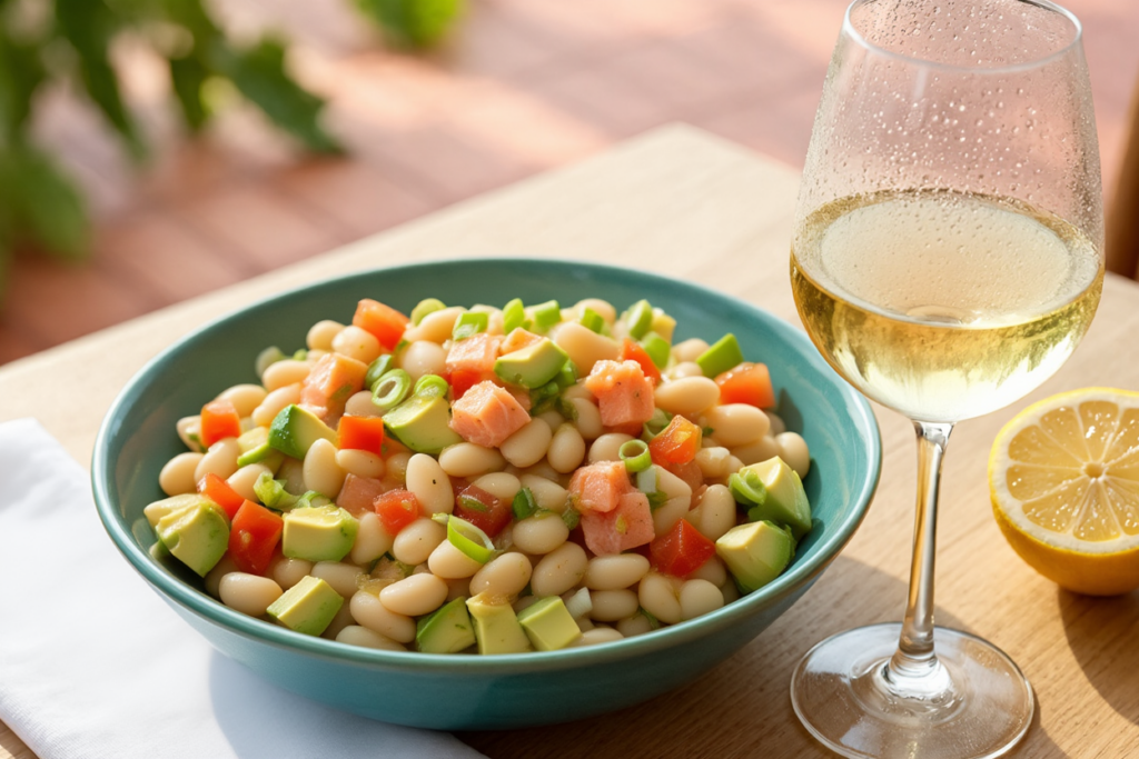 Ensalada de alubias con salmón y aguacate