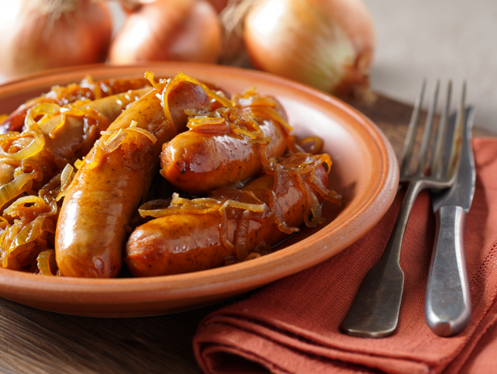 Longanizas frescas de pollo con salsa de cebolla