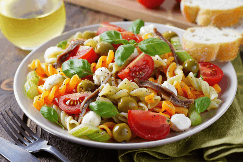 Ensalada de pasta con mozzarella y anchoas