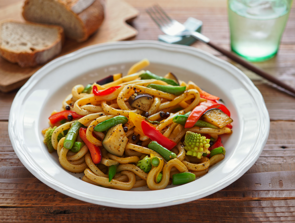 Pasta udon con verduras y pimienta Sichuan