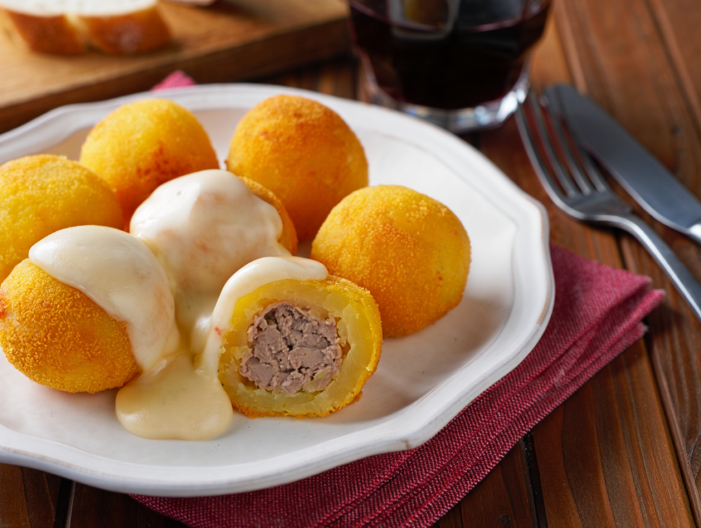 Bolitas de patata rellenas de carne con salsa de gorgonzola