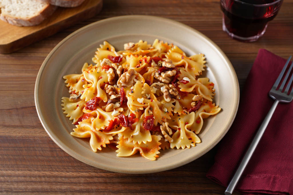 Pasta farfalle con tomate seco y nueces