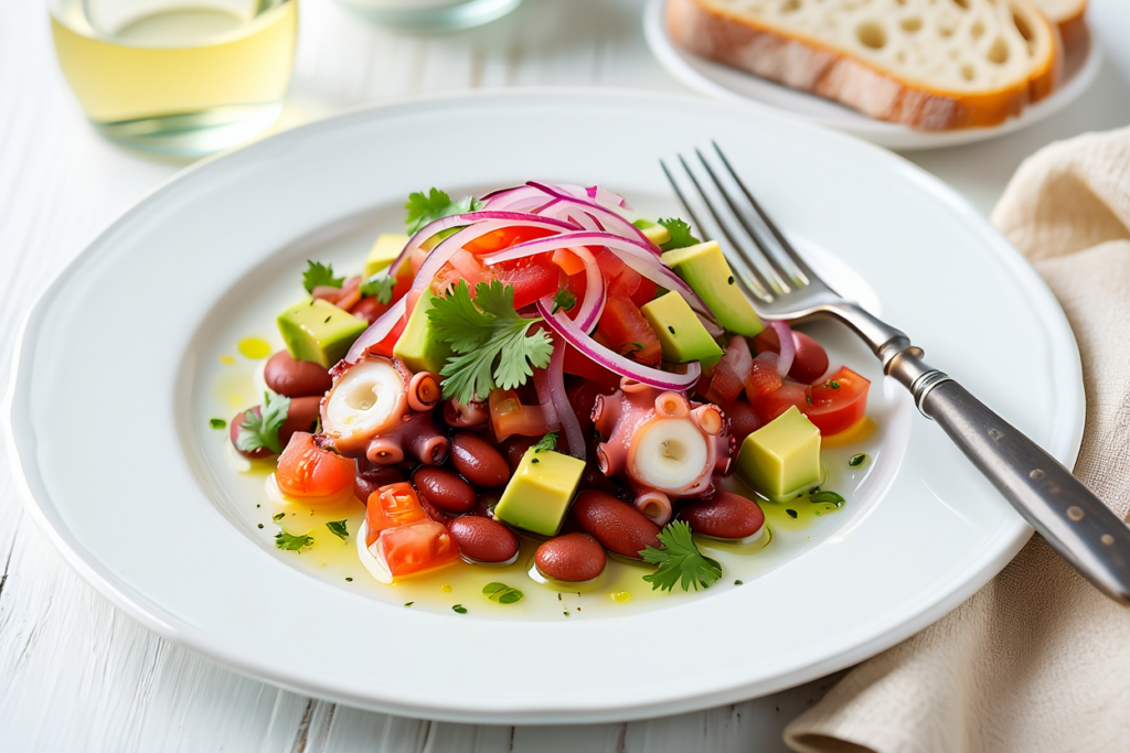 Ensalada de alubias pintas con pulpo y aguacate