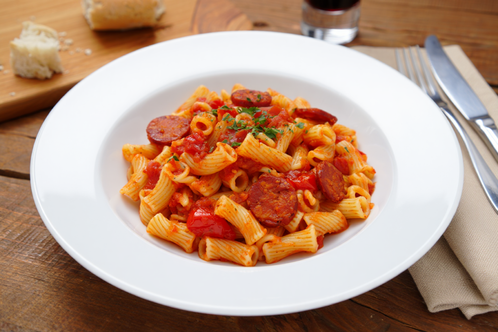 Macarrones con tomate y chorizo