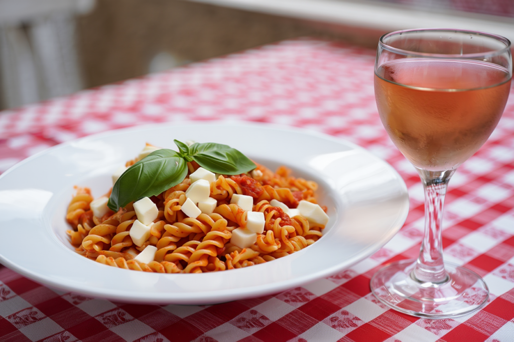 Pasta espiral con tomate y mozzarella
