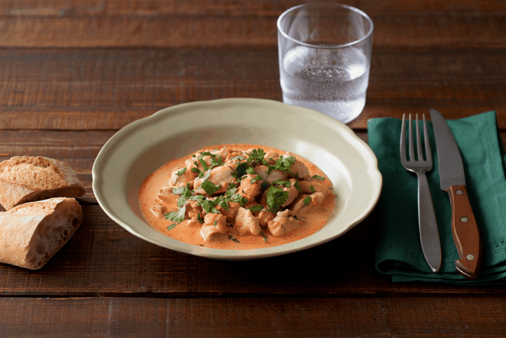 Ragú de pollo con salsa de paprika y cilantro