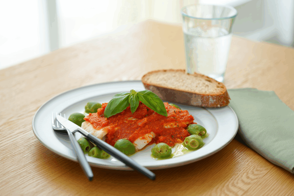 Merluza con tomate, albahaca y aceitunas verdes