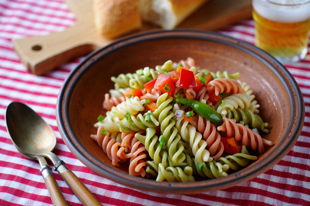 Ensalada de pasta tricolor con verduras