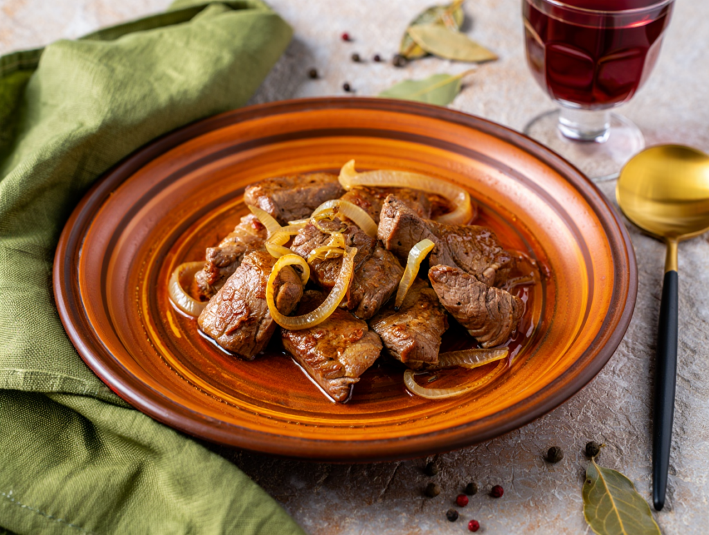 Puntas de solomillo de cerdo encebolladas