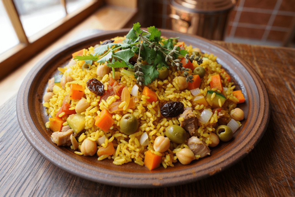 Arroz al curry amarillo con carnes y garbanzos