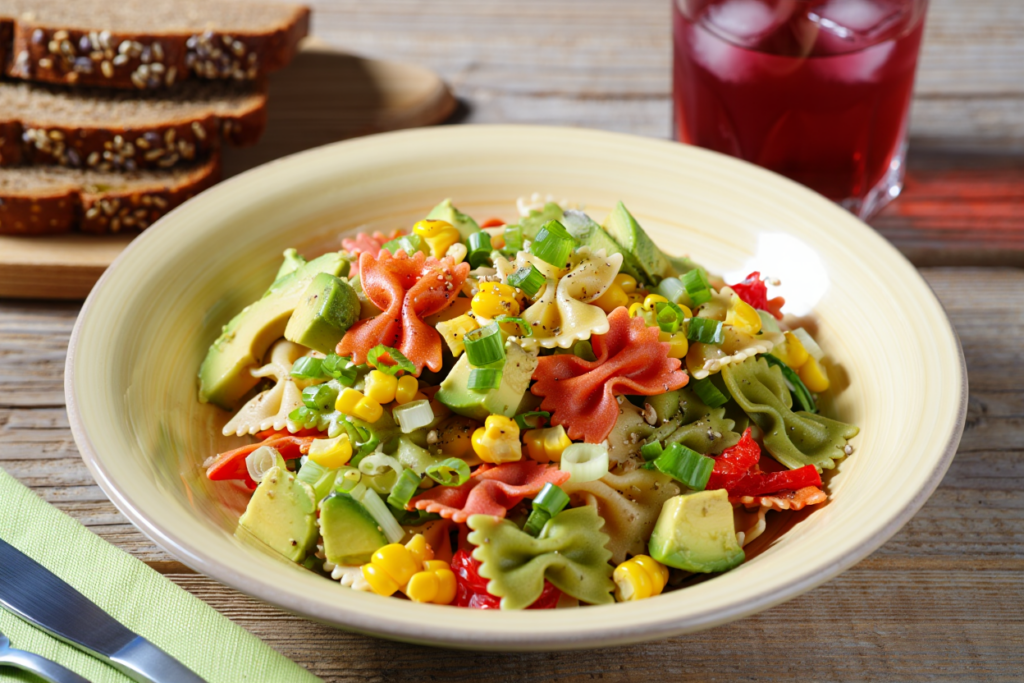 Ensalada vegana de pasta con aguacate y maíz