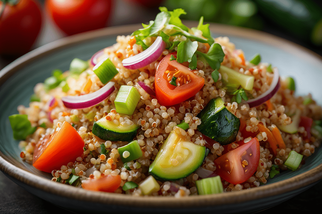 Ensalada de quinoa y arroz integral con verduras y vinagreta de tomate al curry