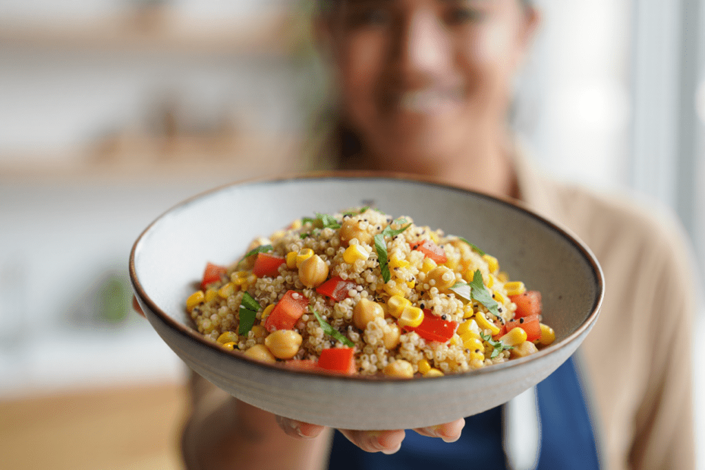 Ensalada de garbanzos y quinoa con aliño suave