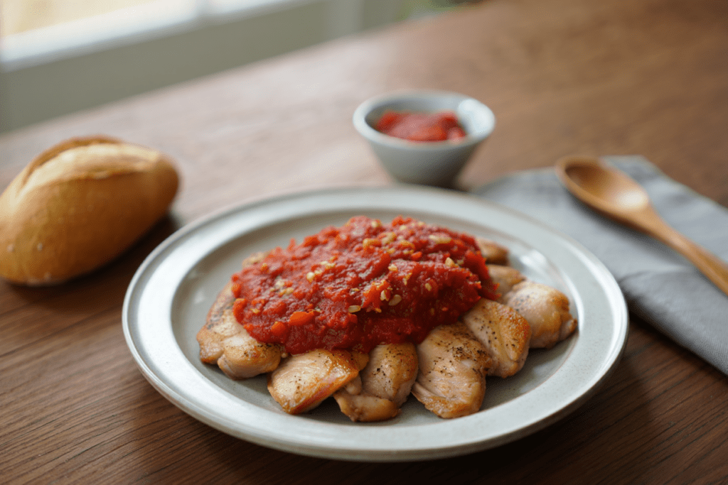 Solomillos de pollo al horno con salsa cremosa de tomate, anacardos y parmesano