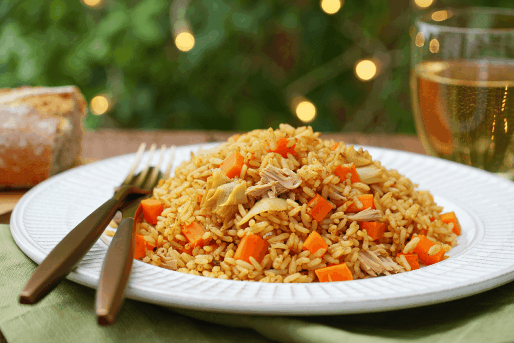 Arroz con atún y alcachofas