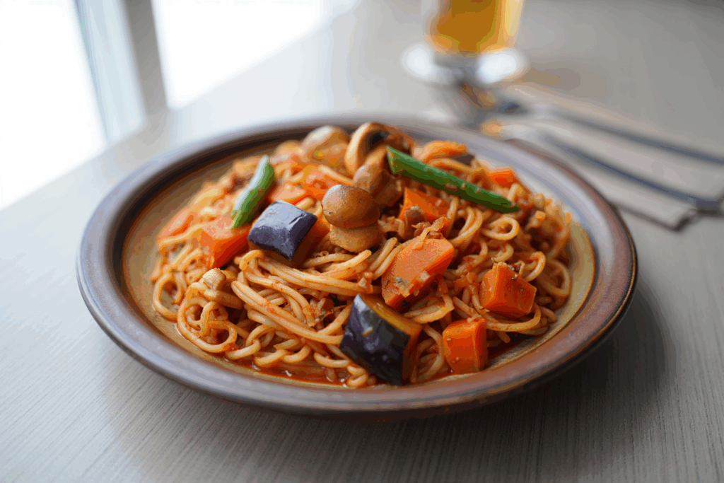 Fideuá de champiñones y verduras