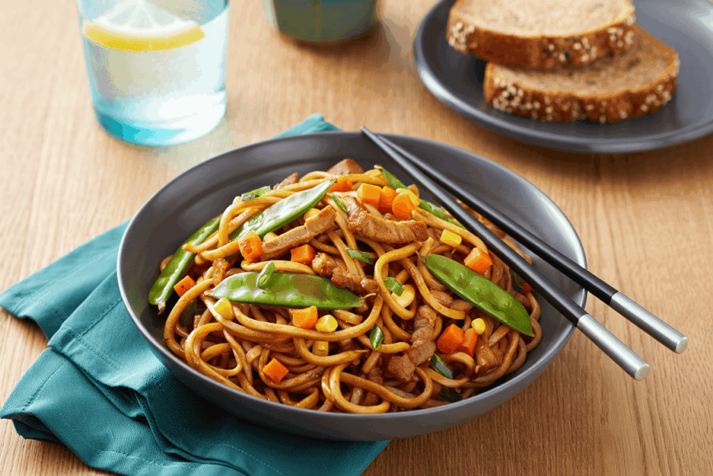 Pasta udon con salteado al wok y aguja de cerdo