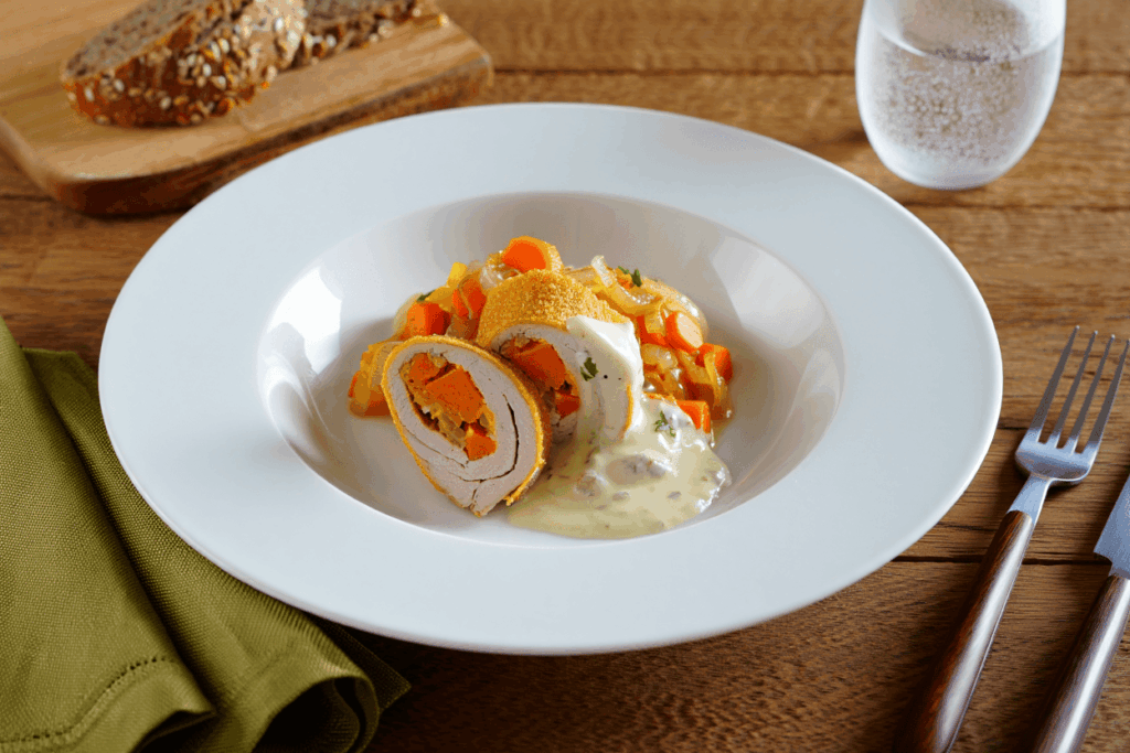Rollitos de pollo al horno rellenos de zanahoria estofada