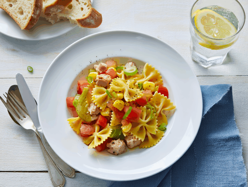Ensalada de pasta con queso emmental, pavo y verduras
