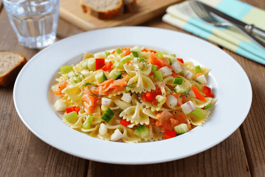 Ensalada de pasta tricolor con ahumados y aceite de sésamo