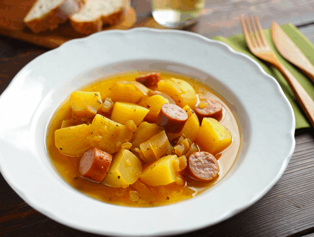 Patata guisada con salchicha bratwurst y mostaza a la antigua
