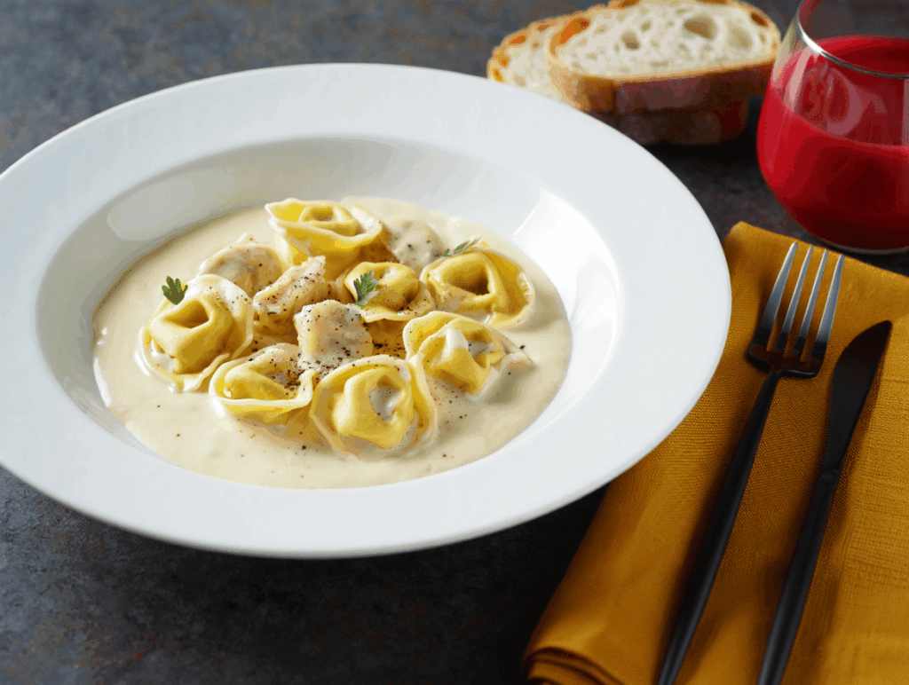 Tortellini de carne con salsa de nata agria