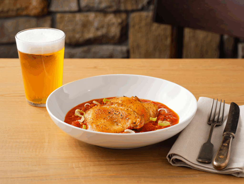 Contramuslos de pollo con salsa de tomate y puerros