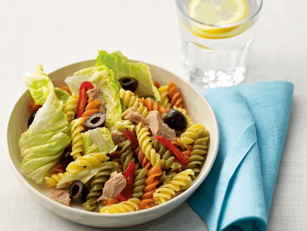 Ensalada iceberg con pasta, atún y pimientos