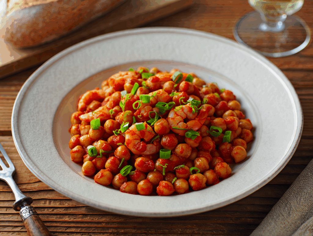 Garbanzos con ajetes y gambas
