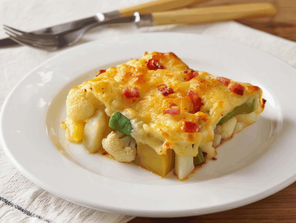 Gratin de verduras con bacon y 3 quesos